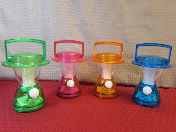 KIDDIE CAMPERS!  FOUR COLORFUL INSTANT LIGHT LANTERNS, WOOD CASTLE BLOCKS & TOTE . . . . . ALL NEW!