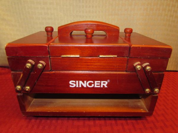 VINTAGE SINGER SEWING CADDY, WOVEN SEWING BASKET, WOOD SPOOL THREAD, BUTTONS & MORE