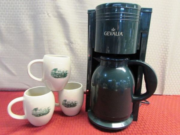 GREEN GEVALIA GOURMET COFFEE POT & GREEN CHEVY MUGS