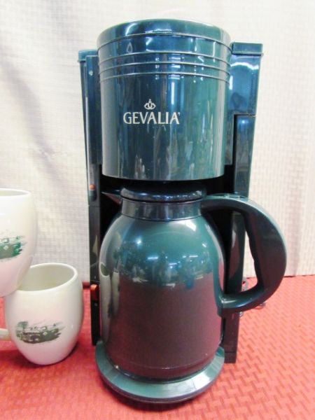 GREEN GEVALIA GOURMET COFFEE POT & GREEN CHEVY MUGS