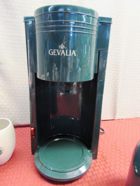 GREEN GEVALIA GOURMET COFFEE POT & GREEN CHEVY MUGS