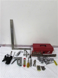 SMALL TOOLBOX WITH SOCKETS, RATCHETS, STAPLE GUN VICE GRIPS & MORE