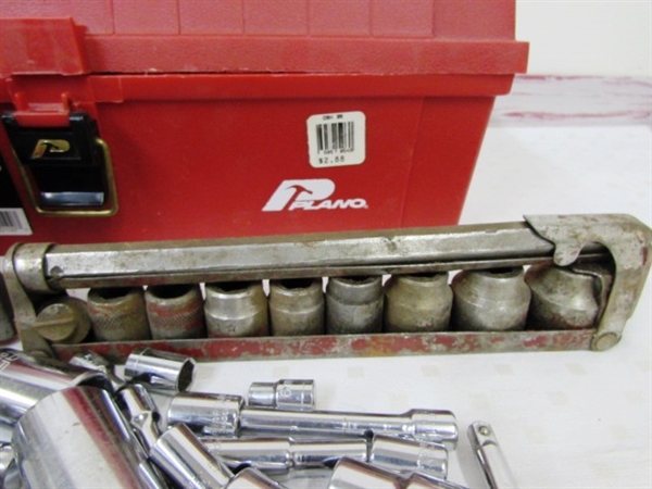 SMALL TOOLBOX WITH SOCKETS, RATCHETS, STAPLE GUN VICE GRIPS & MORE