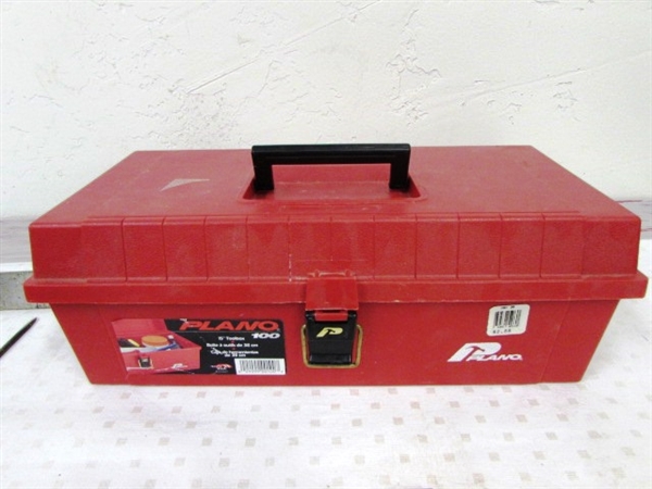 SMALL TOOLBOX WITH SOCKETS, RATCHETS, STAPLE GUN VICE GRIPS & MORE