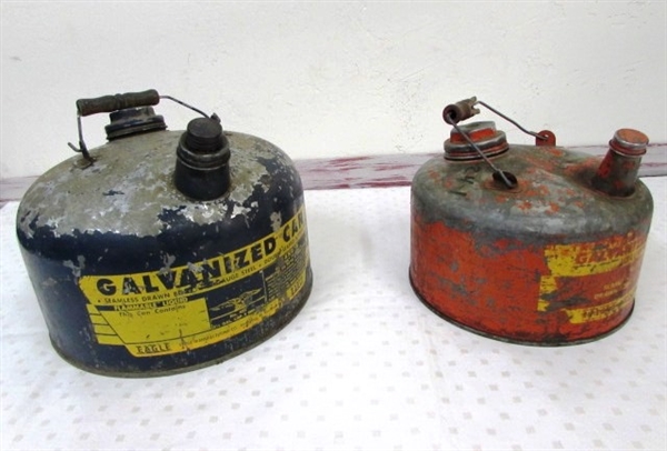 TWO COLLECTIBLE GALVANIZED STEEL GAS CANS