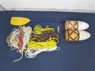 LOTS OF NYLON ROPE, BUOYS & A PADDLE