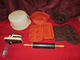 NEVER-BEEN-USED SILICONE BAKEWARE PLUS A  MIXER, ROLLING PIN & CAKE SAVER