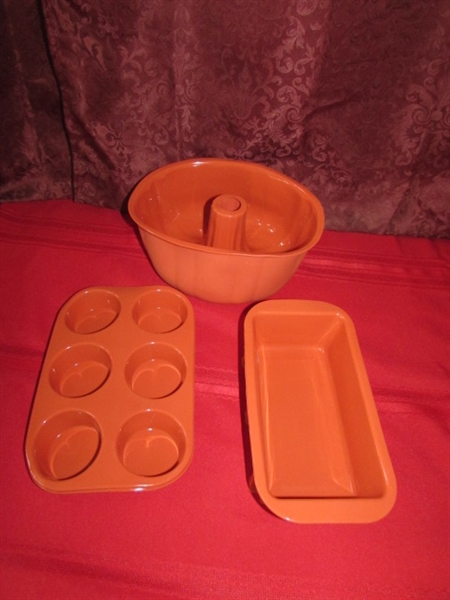 NEVER-BEEN-USED SILICONE BAKEWARE PLUS A  MIXER, ROLLING PIN & CAKE SAVER