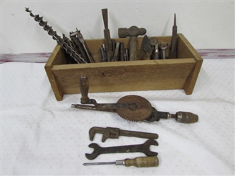 VINTAGE HAND DRILL WITH BITS, HAMMER WITH CHISELS, WRENCHES & MORE
