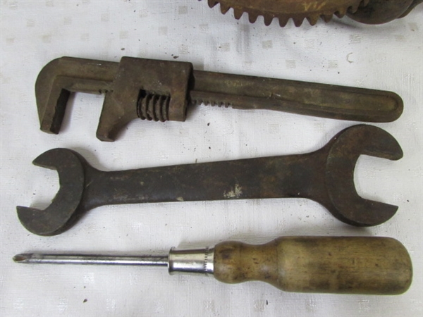 VINTAGE HAND DRILL WITH BITS, HAMMER WITH CHISELS, WRENCHES & MORE