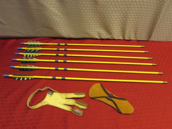 NEVER USED VINTAGE HERTER'S PRACTICE ARROWS, LEATHER 3 FINGER GLOVE & WRIST GUARD