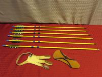 NEVER USED VINTAGE HERTERS PRACTICE ARROWS, LEATHER 3 FINGER GLOVE & WRIST GUARD