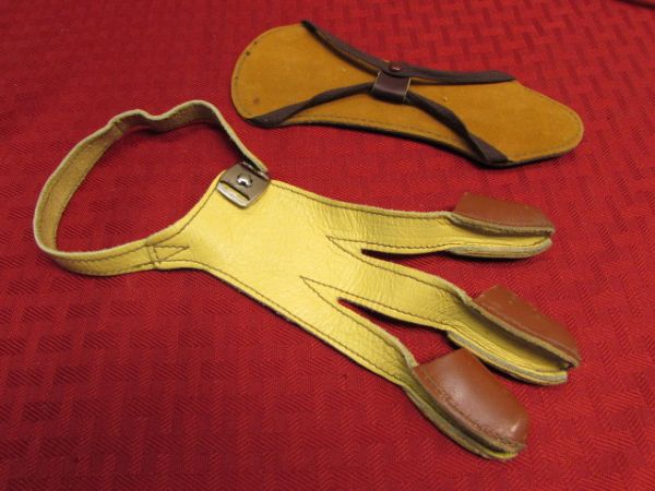 NEVER USED VINTAGE HERTER'S PRACTICE ARROWS, LEATHER 3 FINGER GLOVE & WRIST GUARD