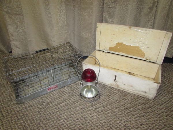 VINTAGE RAILROAD LANTERN, METAL CAGE & WOODEN UTILITY BOX