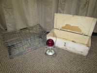 VINTAGE RAILROAD LANTERN, METAL CAGE & WOODEN UTILITY BOX