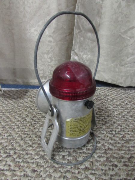 VINTAGE RAILROAD LANTERN, METAL CAGE & WOODEN UTILITY BOX