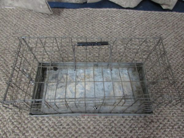 VINTAGE RAILROAD LANTERN, METAL CAGE & WOODEN UTILITY BOX