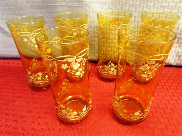 TEA ON THE BALCONY - MID CENTURY GLASS CARAFE WITH WARMING STAND, ICED TEA GLASSES, ROSE MUGS, SERVING DISHES & MORE