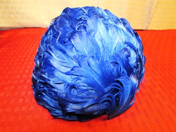 CLASSY LADY!  VINTAGE FEATHER HEADBAND HAT, HAND BAG, WALLET & BROOCH