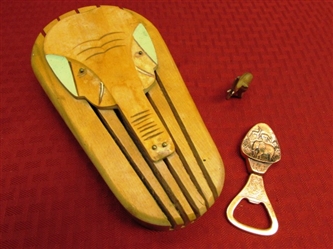 VINTAGE ELEPHANTS - WOOD KNIFE  HOLDER, BOTTLE OPENER & TINY CARVED ELEPHANTN FIGURINE