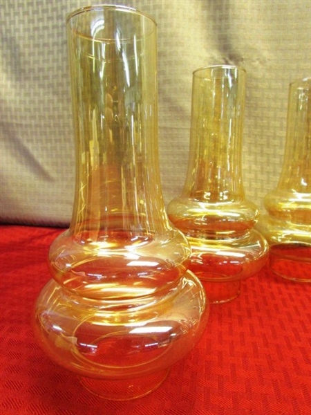 SIX ELEGANT AMBER GLASS HURRICANE LAMP CHIMNEYS