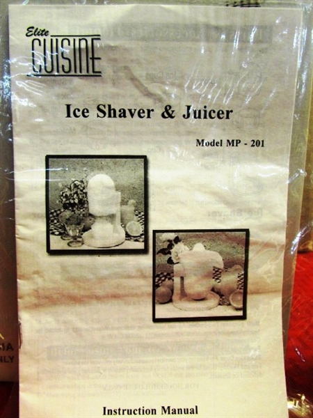 SNOW CONES AT HOME - NEW IN BOX ICE SHAVER/JUICER & 6 VINTAGE METAL LILY CUP SNOW CONE HOLDERS