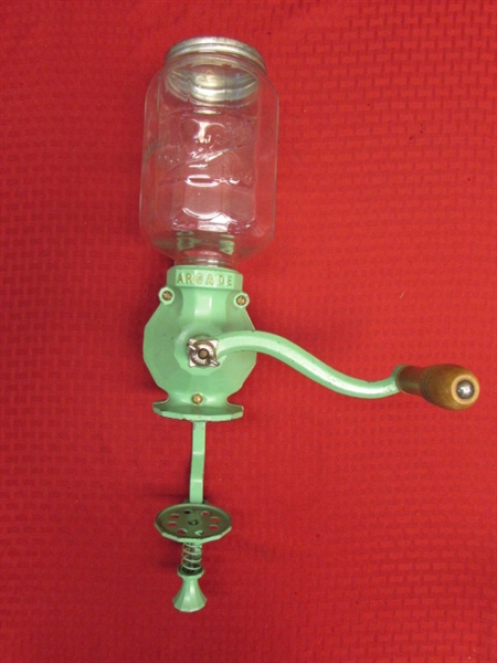 ANTIQUE CRYSTAL NO. 4 WALL MOUNT COFFEE GRINDER - MINT GREEN!