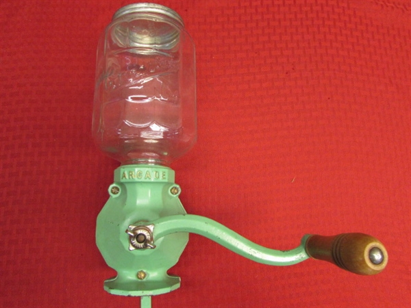 ANTIQUE CRYSTAL NO. 4 WALL MOUNT COFFEE GRINDER - MINT GREEN!