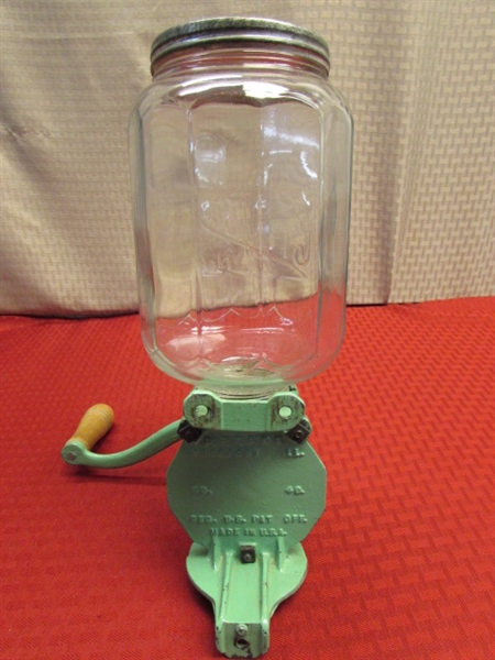 ANTIQUE CRYSTAL NO. 4 WALL MOUNT COFFEE GRINDER - MINT GREEN!