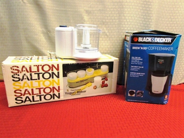 NEW IN BOX!  BLACK & DECKER BREW 'N GO COFFEEMAKER, SALTON YOGURT MAKER & B&D CHOPPER