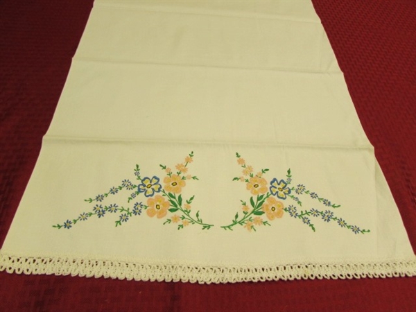 FOUR NEVER USED LOVELY VINTAGE PILLOW CASES WITH HANDMADE LACE DETAILS & EMVORIDERY PAINT DESIGNS
