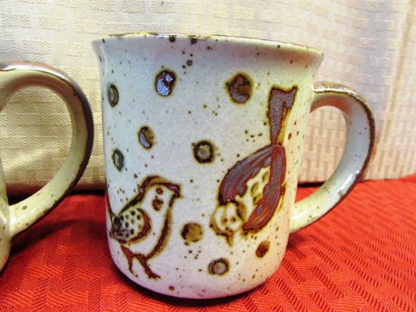 NEVER USED EARTH TONE DISHES - 4 LOVELY STONEWARE MUGS W/BIRDS, PFALTZGRAFF BOWLS, LIBBY ARTICA JUICE GLASSES & MORE