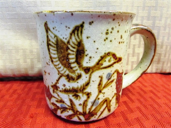 NEVER USED EARTH TONE DISHES - 4 LOVELY STONEWARE MUGS W/BIRDS, PFALTZGRAFF BOWLS, LIBBY ARTICA JUICE GLASSES & MORE