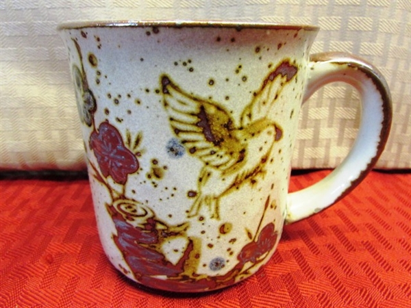 NEVER USED EARTH TONE DISHES - 4 LOVELY STONEWARE MUGS W/BIRDS, PFALTZGRAFF BOWLS, LIBBY ARTICA JUICE GLASSES & MORE