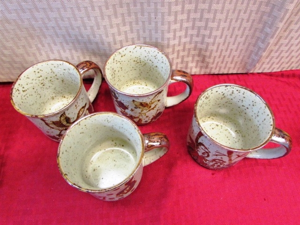 NEVER USED EARTH TONE DISHES - 4 LOVELY STONEWARE MUGS W/BIRDS, PFALTZGRAFF BOWLS, LIBBY ARTICA JUICE GLASSES & MORE
