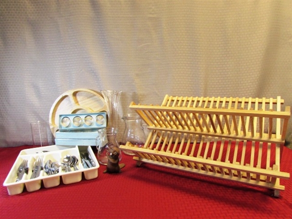 CLASSY KITCHEN - MID CENTURY SILVER PLATE NAPKIN RINGS, WOOD DRYING RACK, PITCHERS, FLATWARE, SERVING TRAY VASE & MORE