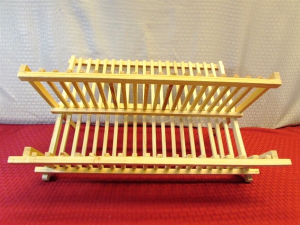 CLASSY KITCHEN - MID CENTURY SILVER PLATE NAPKIN RINGS, WOOD DRYING RACK, PITCHERS, FLATWARE, SERVING TRAY VASE & MORE