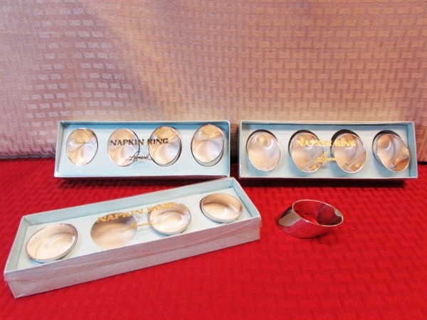 CLASSY KITCHEN - MID CENTURY SILVER PLATE NAPKIN RINGS, WOOD DRYING RACK, PITCHERS, FLATWARE, SERVING TRAY VASE & MORE