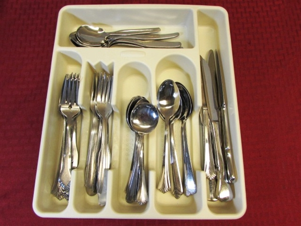 CLASSY KITCHEN - MID CENTURY SILVER PLATE NAPKIN RINGS, WOOD DRYING RACK, PITCHERS, FLATWARE, SERVING TRAY VASE & MORE