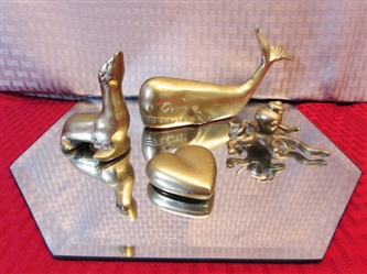 WONDERFUL BRASS FIGURINES - WHALE, OCTOPUS, SEAL & HEART PENDANT & DISPLAY MIRROR