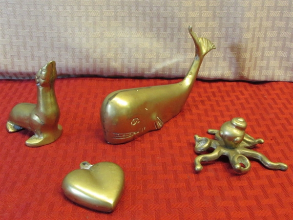 WONDERFUL BRASS FIGURINES - WHALE, OCTOPUS, SEAL & HEART PENDANT & DISPLAY MIRROR