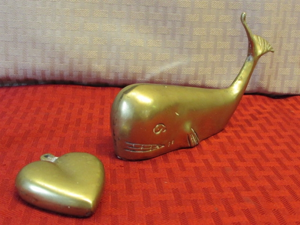 WONDERFUL BRASS FIGURINES - WHALE, OCTOPUS, SEAL & HEART PENDANT & DISPLAY MIRROR