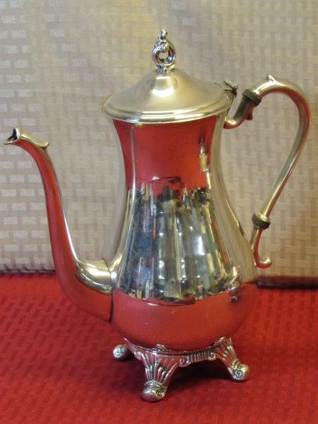 ELEGANT PILGRIM SILVER PLATE TEA POT WITH MATCHING CREAMER & SUGAR BOWL