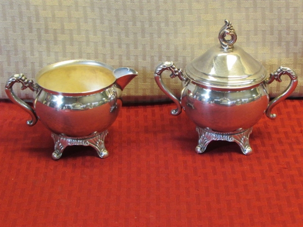 ELEGANT PILGRIM SILVER PLATE TEA POT WITH MATCHING CREAMER & SUGAR BOWL