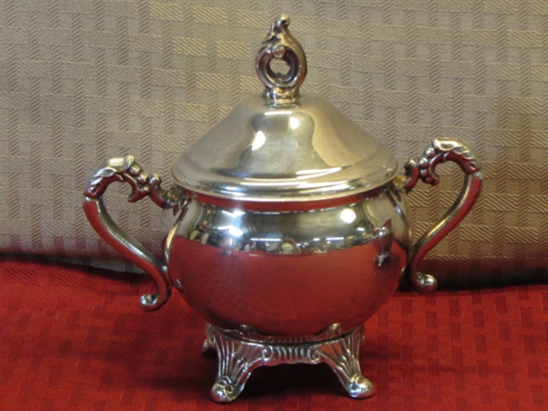 ELEGANT PILGRIM SILVER PLATE TEA POT WITH MATCHING CREAMER & SUGAR BOWL