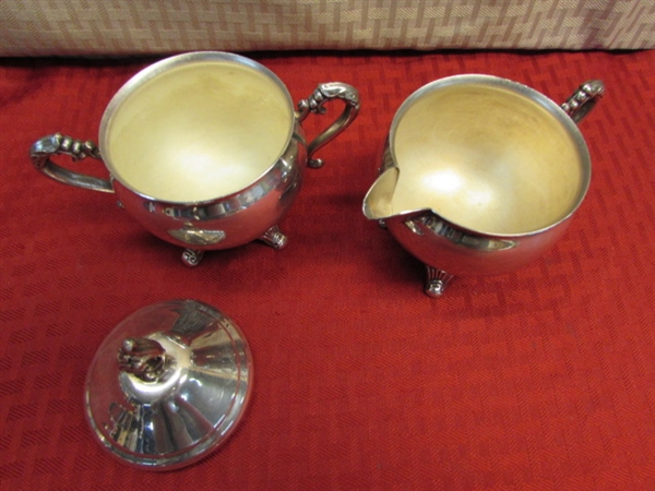 ELEGANT PILGRIM SILVER PLATE TEA POT WITH MATCHING CREAMER & SUGAR BOWL