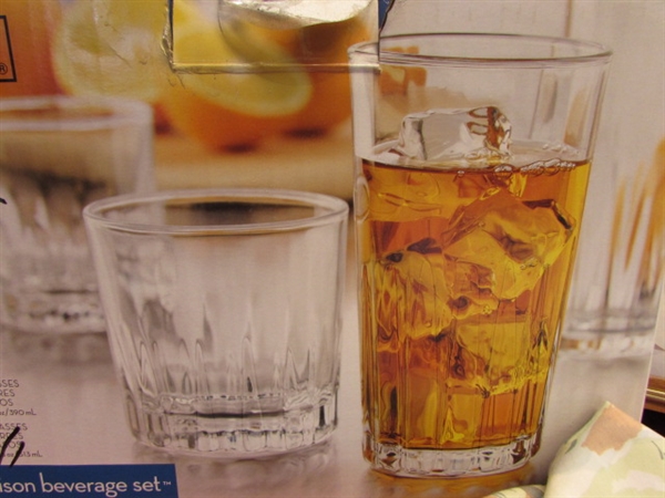 LIBBEY GLASS MADISON BEVERAGE SET, INGRAHAM QUARTZ CLOCK, 3 SUNNY SUMMER TABLE CLOTHS & PRESSED FLOWERS