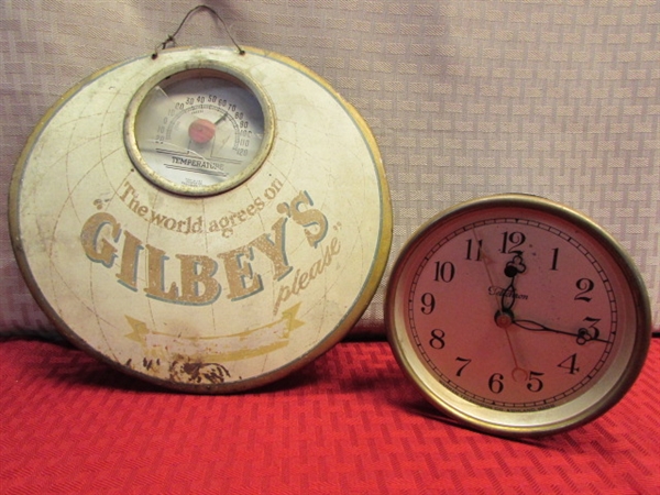 RARE VINTAGE GILBEY'S GIN SIGN WITH THERMOMETER & VINTAGE TECHRON CLOCK