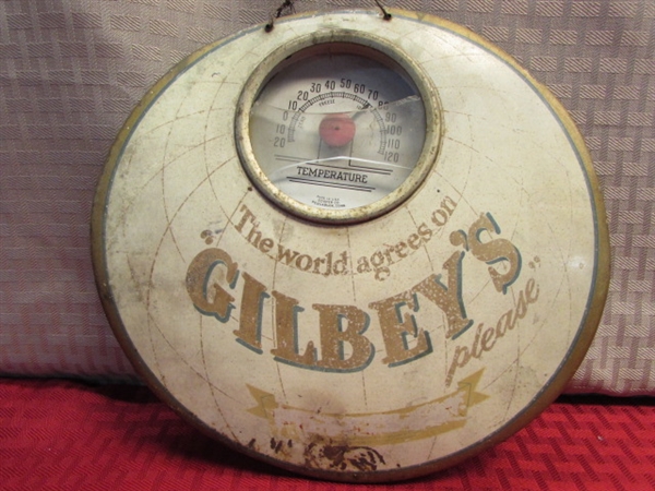 RARE VINTAGE GILBEY'S GIN SIGN WITH THERMOMETER & VINTAGE TECHRON CLOCK