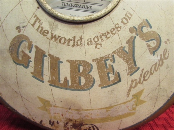 RARE VINTAGE GILBEY'S GIN SIGN WITH THERMOMETER & VINTAGE TECHRON CLOCK